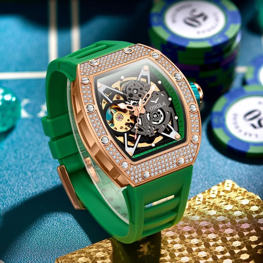 Watch for Men Unique Hollow Out pursuit infrastructure Dial Waterproof Silicone Strap Wristwatch Luxury Fashion Full Diamond Automatic Mechanical 