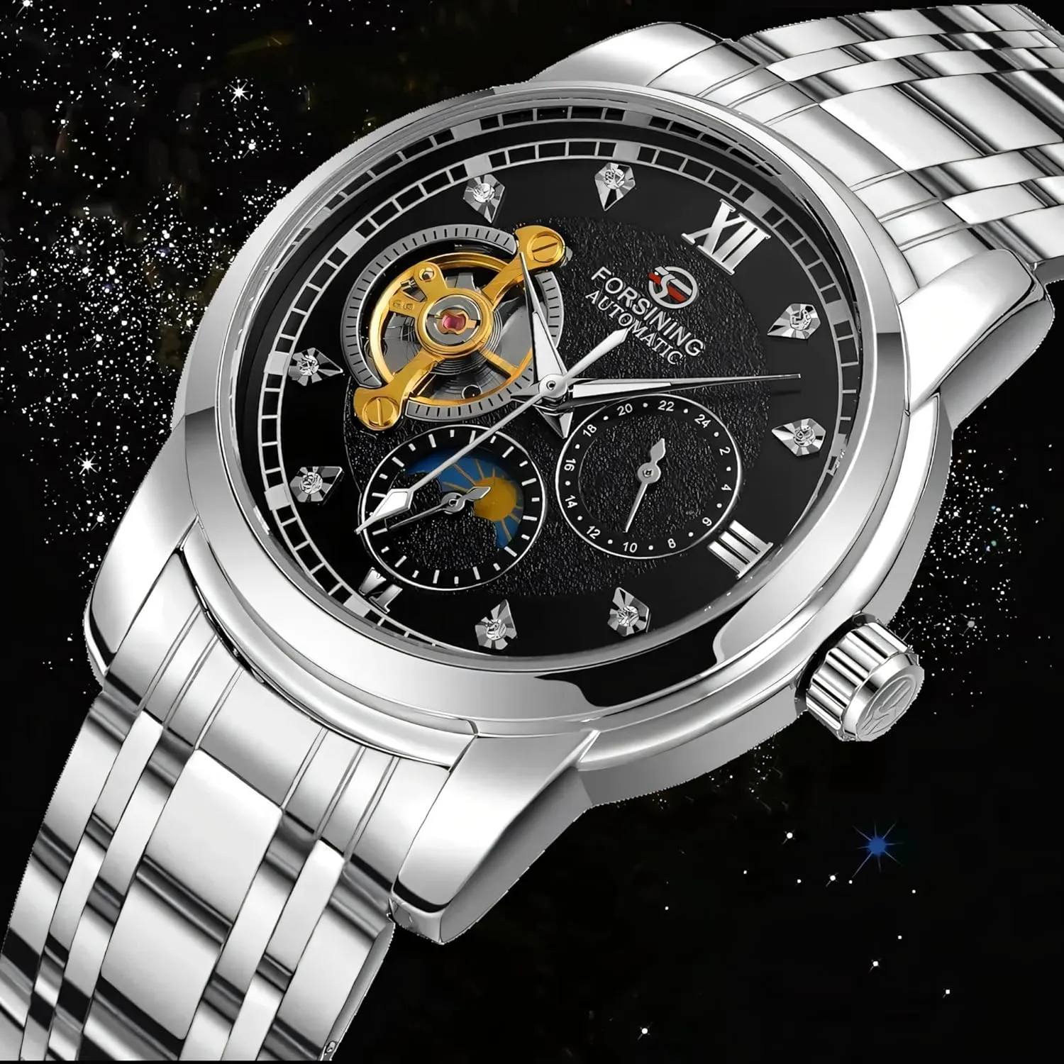 Watch Hollow Out Silver Wristwatch FORSINING Luxury Mechanical Watches Moon Phase 24-Hour cardiac fulfill Small dial Waterproof Luminous Automatic Men 