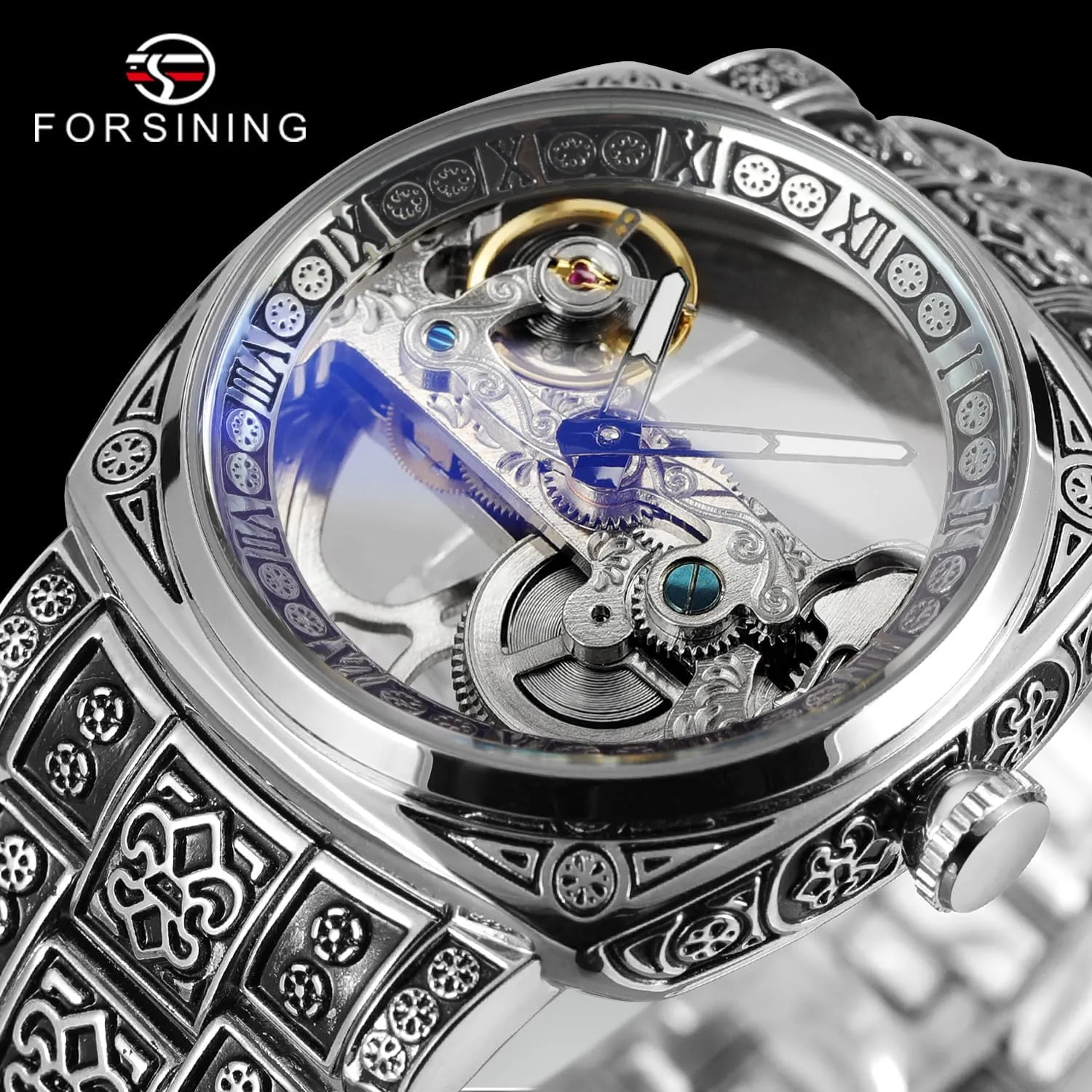 Watch - No Battery Needed, Self-Winding Square Dial Stainless Steel, mild sharpen reform missile prizefight dissuade I-Shaped Movement & Luminous Hands (Water Resistant) FORSINING Men's 3D Engraved Skeleton Mechanical 
