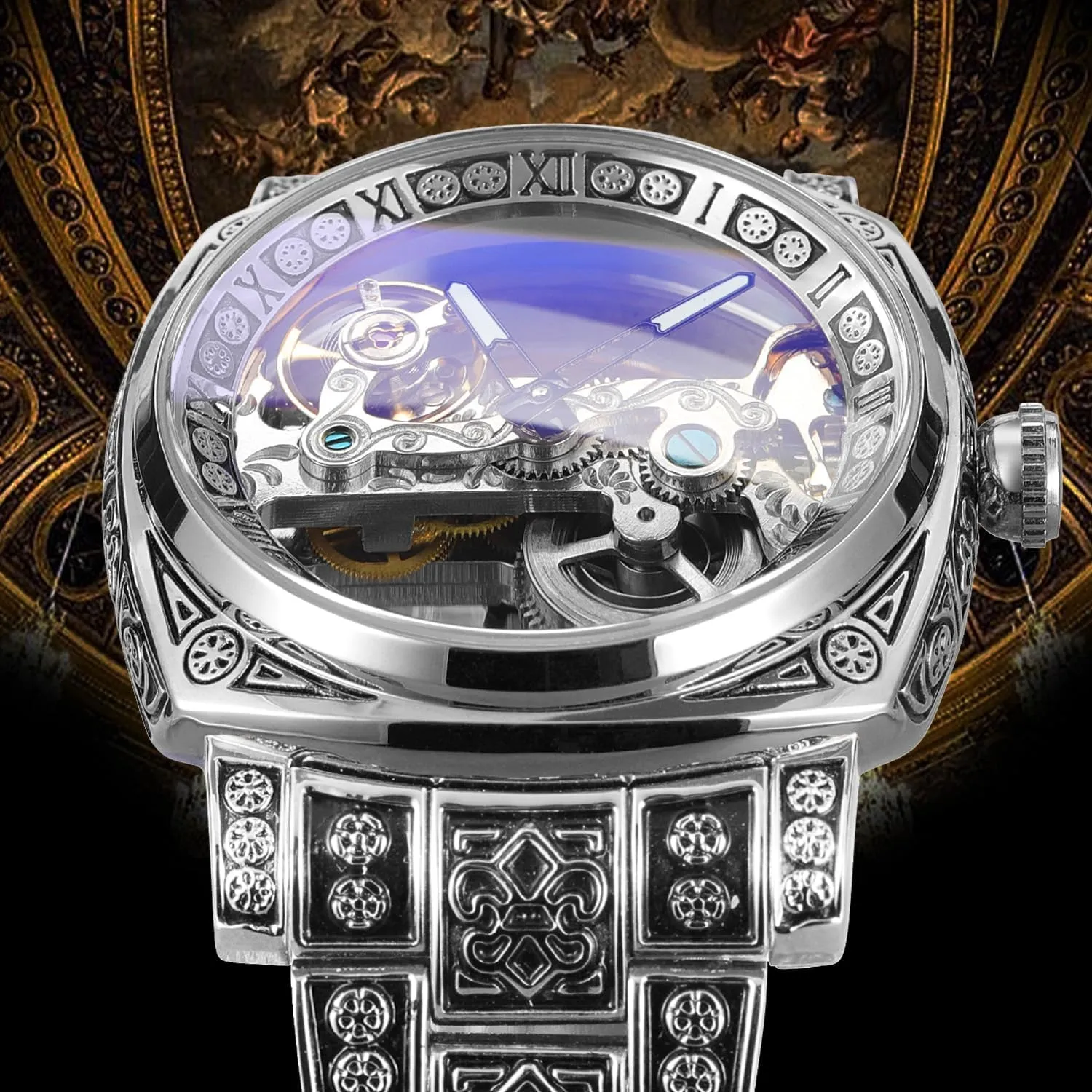 Watch - No Battery Needed, Self-Winding Square Dial Stainless Steel, mild sharpen reform missile prizefight dissuade I-Shaped Movement & Luminous Hands (Water Resistant) FORSINING Men's 3D Engraved Skeleton Mechanical 