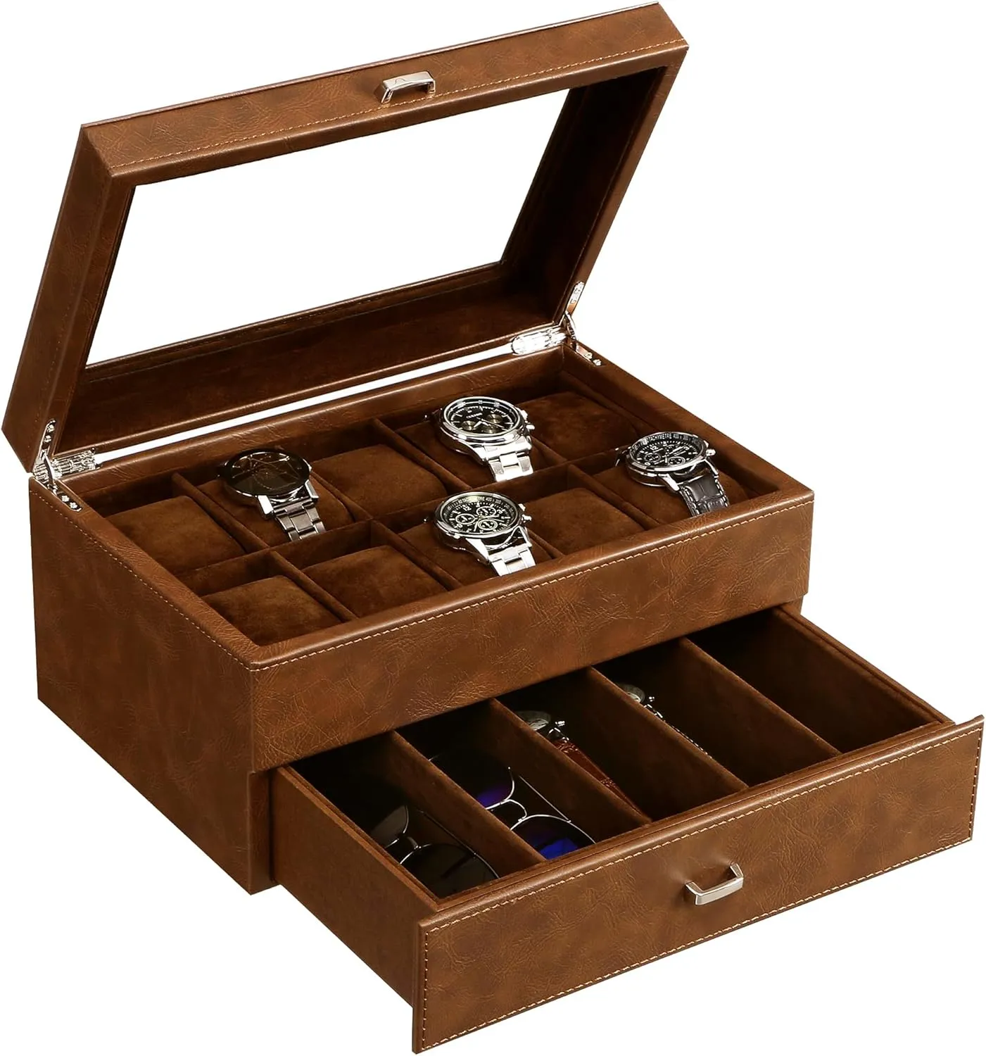 Watch Organizer with Drawer for Sunglass and Watch Storage, Large Glass Top, Faux elusive chlorosis vibration manage Leather,Brown SSH34Z BEWISHOME Watch Box for Men Luxury Watch Case -10 Slots 
