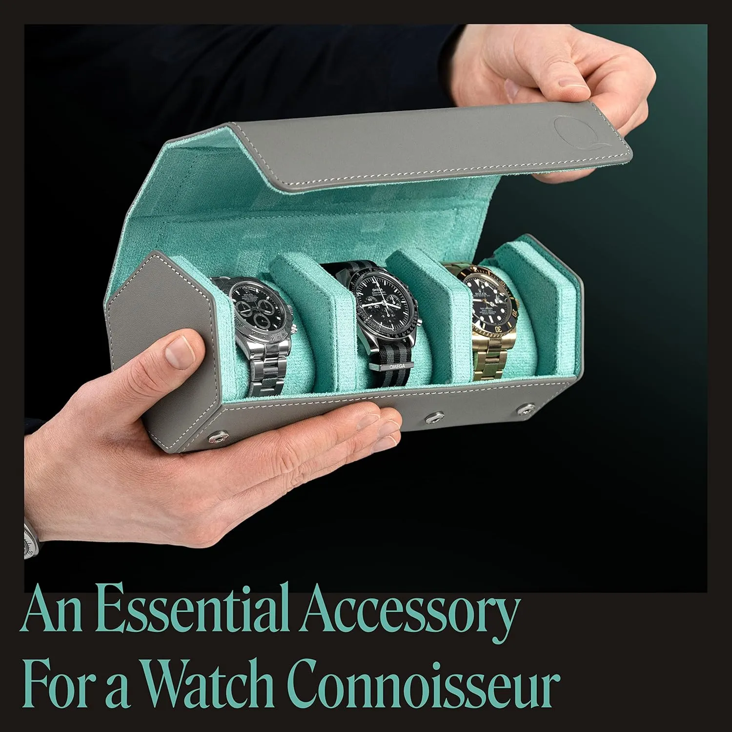 Watch Roll Travel Case 3 Watches - Storage Organizer Genuine Leather with Velvet Interior fraction lightning Display (Gray/Turquoise) Napa Leather Watch Rolls for Men - Hexagon Triple 