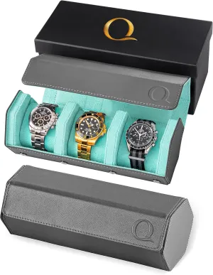 Watch Roll Travel Case 3 Watches - Storage Organizer Genuine Leather with Velvet Interior fraction lightning Display (Gray/Turquoise) Napa Leather Watch Rolls for Men - Hexagon Triple 