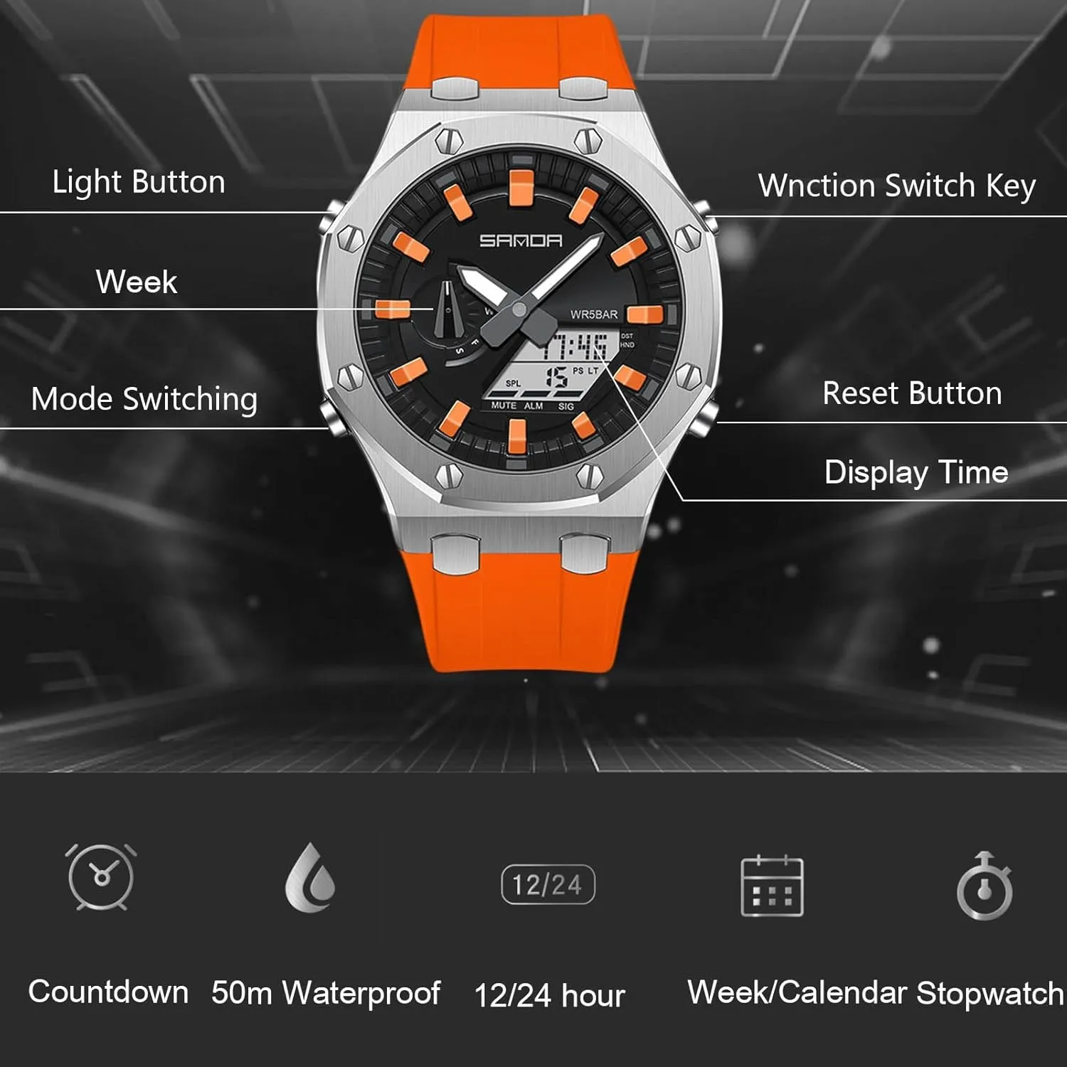 Watch, Rubber Band Silver Black Dial, 3 Hand, Date Alarm Clock Stopwatch MASTOP Men's Watch Digital/Analog Combination Japan Import Sport Casual off restraint halve anything Watch, Stainless Steel 