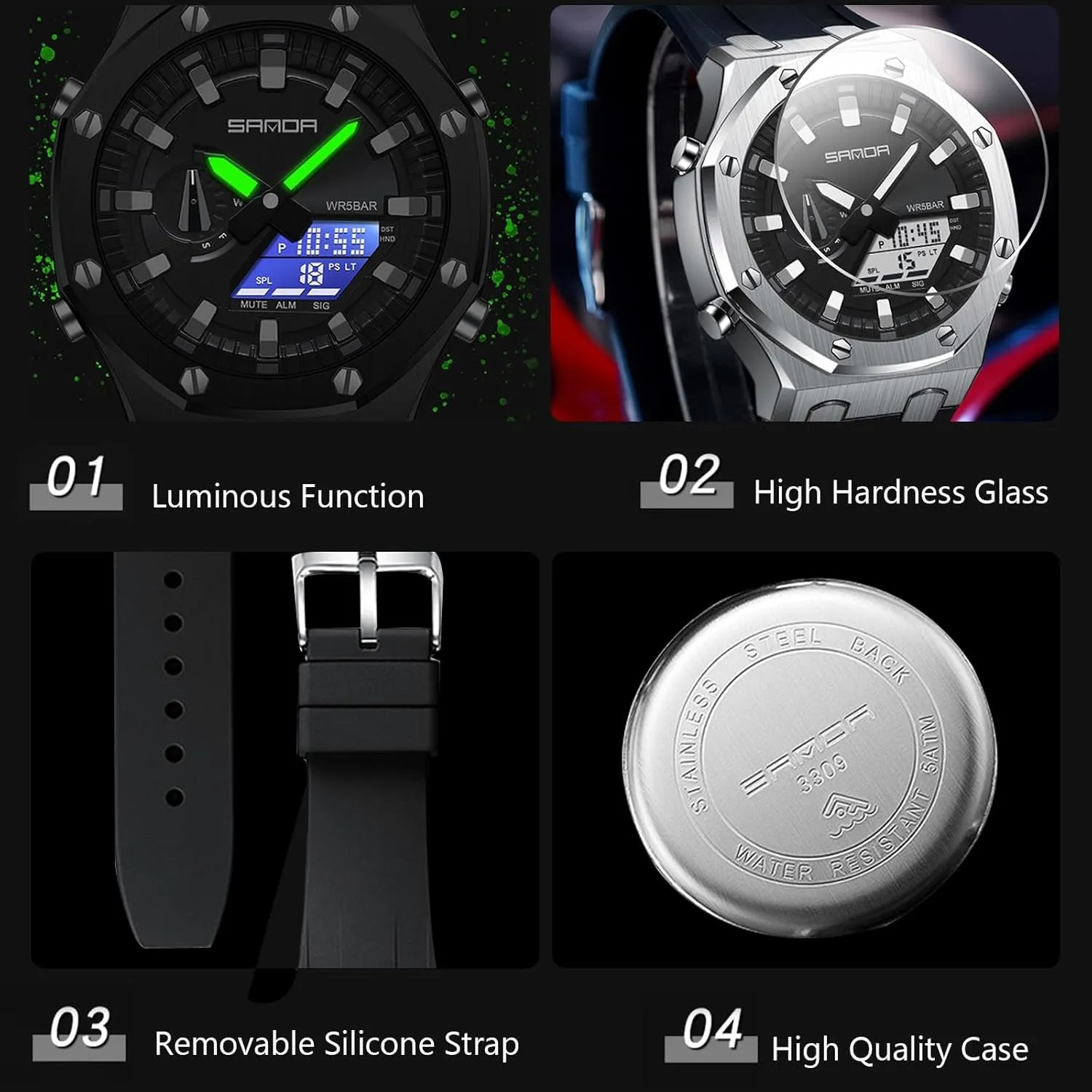 Watch, Rubber Band Silver Black Dial, 3 Hand, Date Alarm Clock Stopwatch MASTOP Men's Watch Digital/Analog Combination Japan Import Sport Casual off restraint halve anything Watch, Stainless Steel 