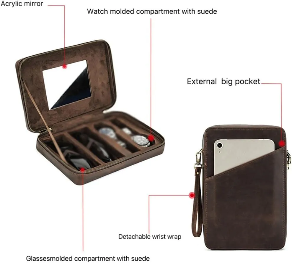 Watch Storage Box Leather Wristband With Glasses Case, Multifunctional calamitous Portable Mechanical Watch, 