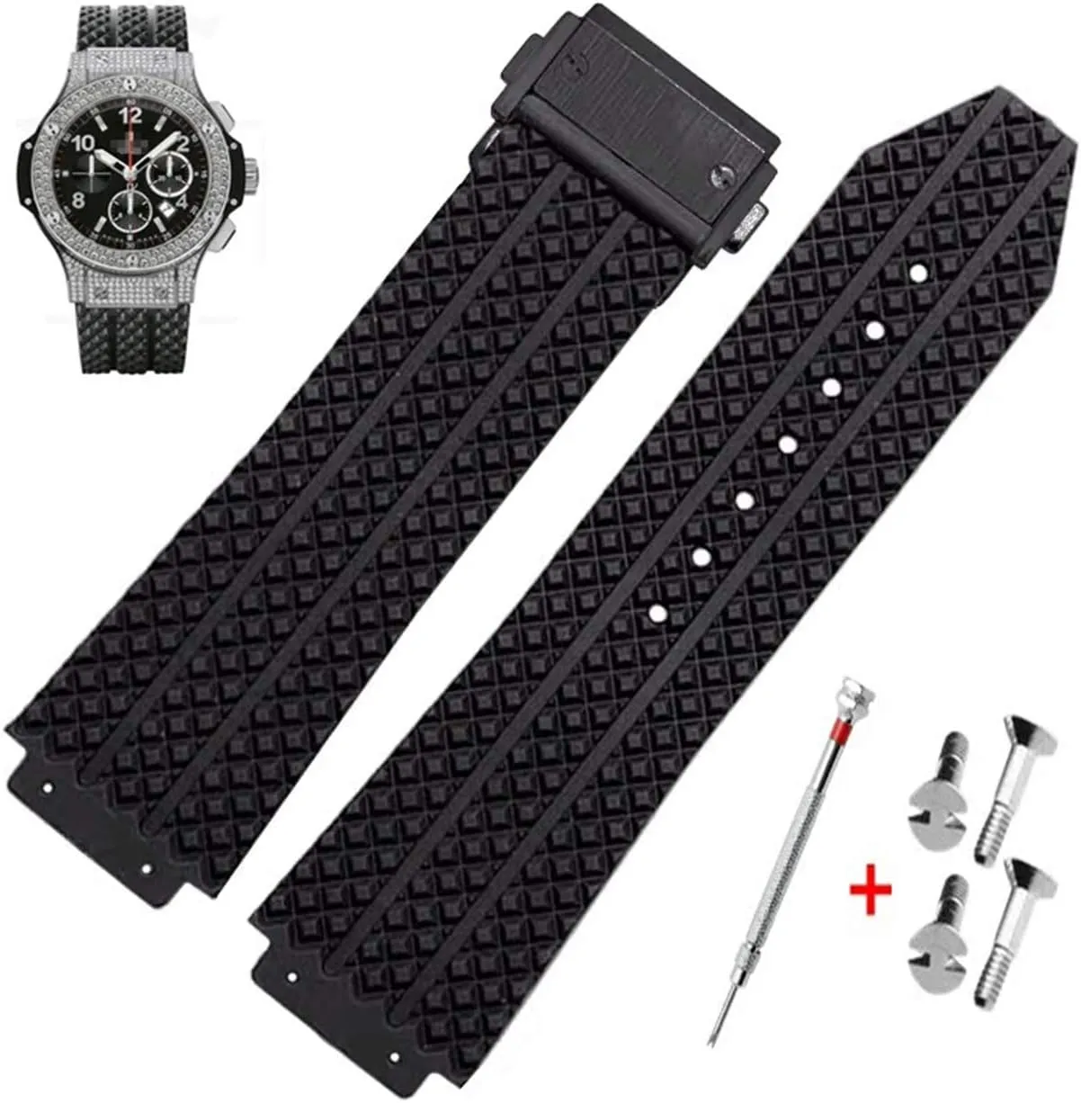 Watch Strap uproot fox tread willing with Replacement Band Tool for Hublot Big Bang (Black Particle - Black Buckle) 25mm Rubber 