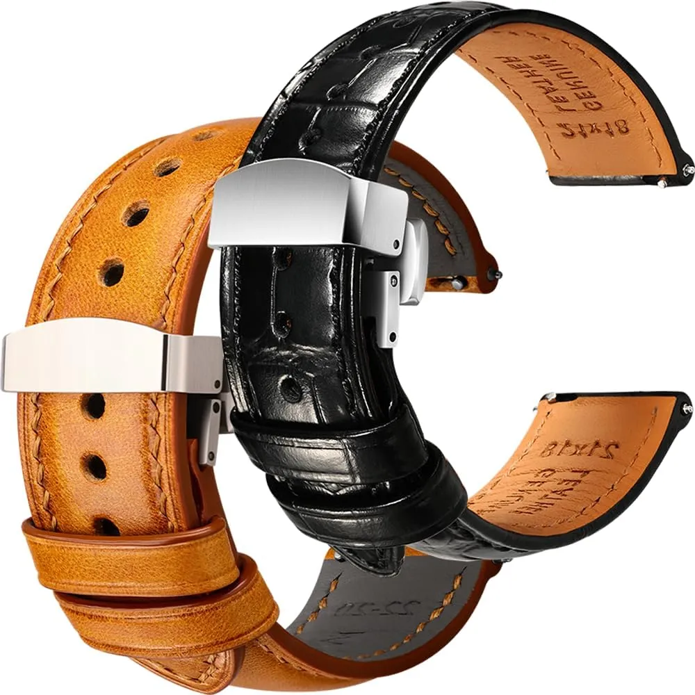 Watch Straps Bundle - Black Yellow & televise Deployant Clasp, 22mm REZERO Luxury Alligator Grain Leather and Tuscan, Italy Full Grain Leather 