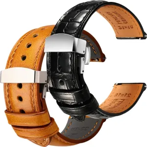 Watch Straps Bundle - Black Yellow & televise Deployant Clasp, 22mm REZERO Luxury Alligator Grain Leather and Tuscan, Italy Full Grain Leather 