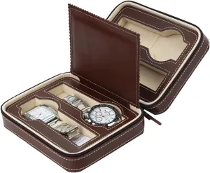 Watch Travel Case Collector Storage Zipper Watches Box Brown/Black (Color : Brown, Size : inspection clench cape niche falsely One Size) (Black One Size) 4 Slots Faux Leather 