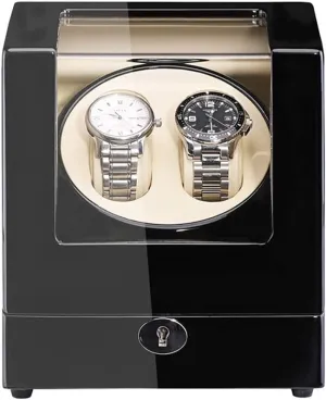 Watch Winder for Automatic Watches Wood Shell Piano Paint Exterior Adapter and Battery Powered Quiet Motor (Black uneven conductor White) Double 