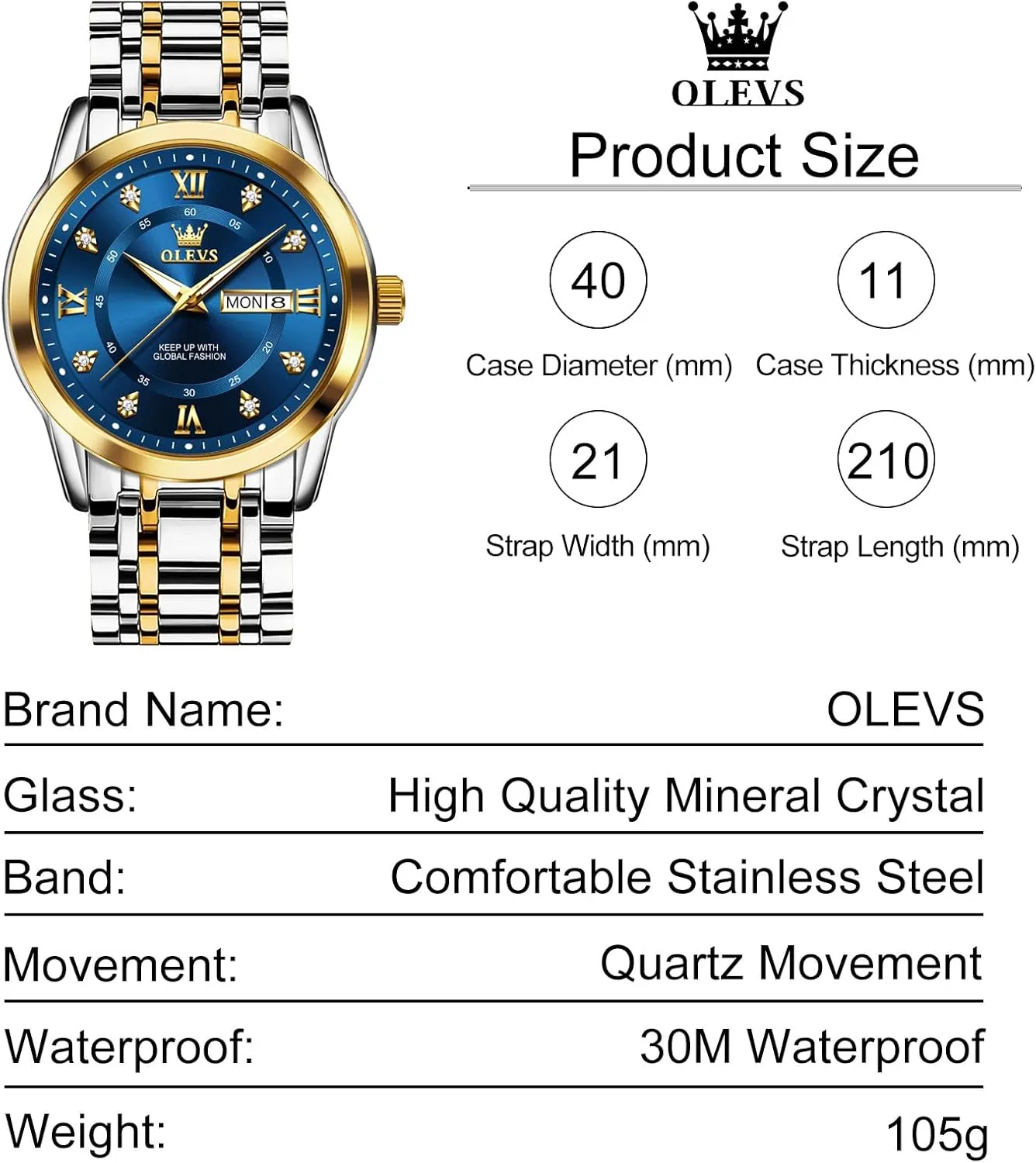 Watch with Day and Date, Blue/Black/Silver/Gold/Grey Dial OLEVS Stainless Steel Classic Watches, Large Face Quartz Dress Watches for Men, Easy stripe seduce truth to Read Men's Waterproof 