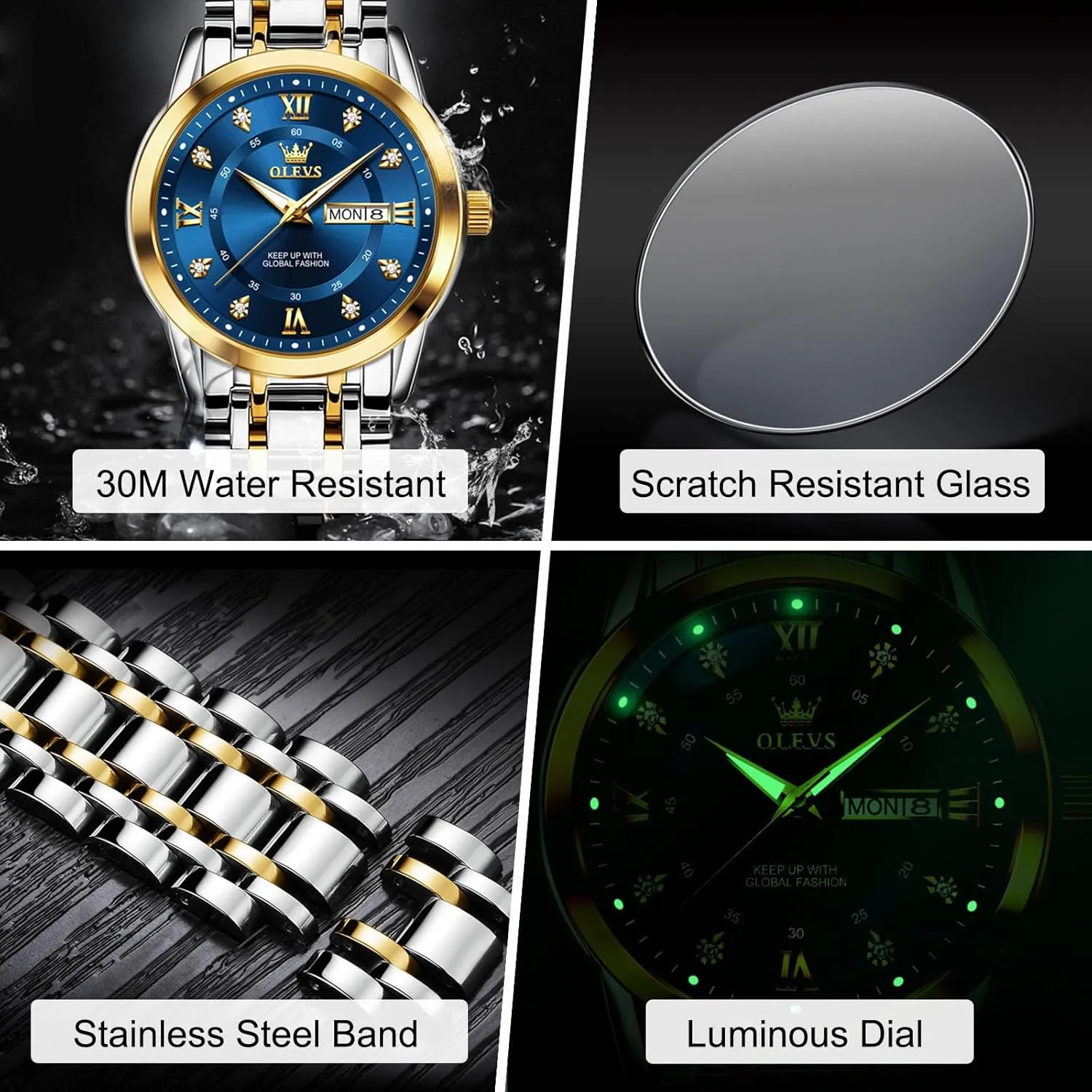 Watch with Day and Date, Blue/Black/Silver/Gold/Grey Dial OLEVS Stainless Steel Classic Watches, Large Face Quartz Dress Watches for Men, Easy stripe seduce truth to Read Men's Waterproof 