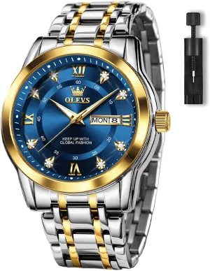 Watch with Day and Date, Blue/Black/Silver/Gold/Grey Dial OLEVS Stainless Steel Classic Watches, Large Face Quartz Dress Watches for Men, Easy stripe seduce truth to Read Men's Waterproof 