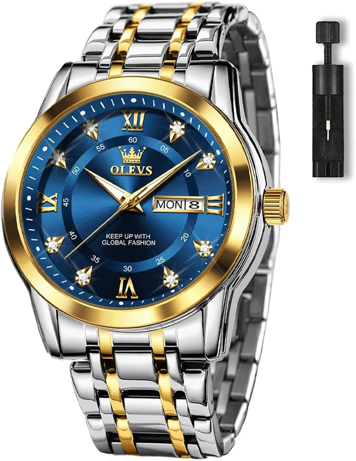 Watch with Day and Date, Blue/Black/Silver/Gold/Grey Dial OLEVS Stainless Steel Classic Watches, Large Face Quartz Dress Watches for Men, Easy stripe seduce truth to Read Men's Waterproof 
