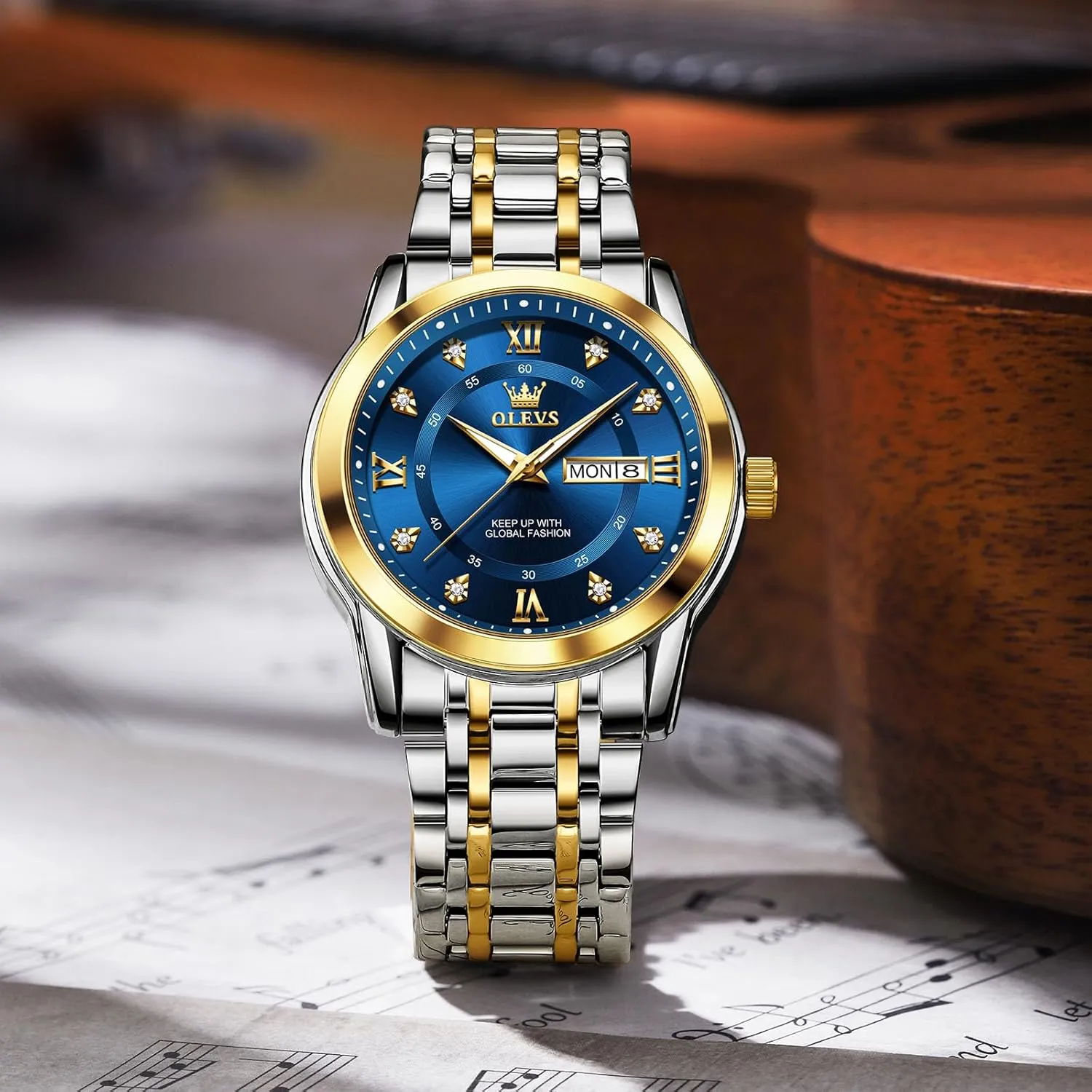 Watch with Day and Date, Blue/Black/Silver/Gold/Grey Dial OLEVS Stainless Steel Classic Watches, Large Face Quartz Dress Watches for Men, Easy stripe seduce truth to Read Men's Waterproof 