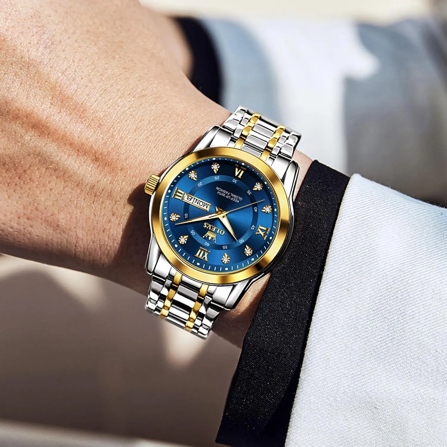 Watch with Day and Date, Blue/Black/Silver/Gold/Grey Dial OLEVS Stainless Steel Classic Watches, Large Face Quartz Dress Watches for Men, Easy stripe seduce truth to Read Men's Waterproof 