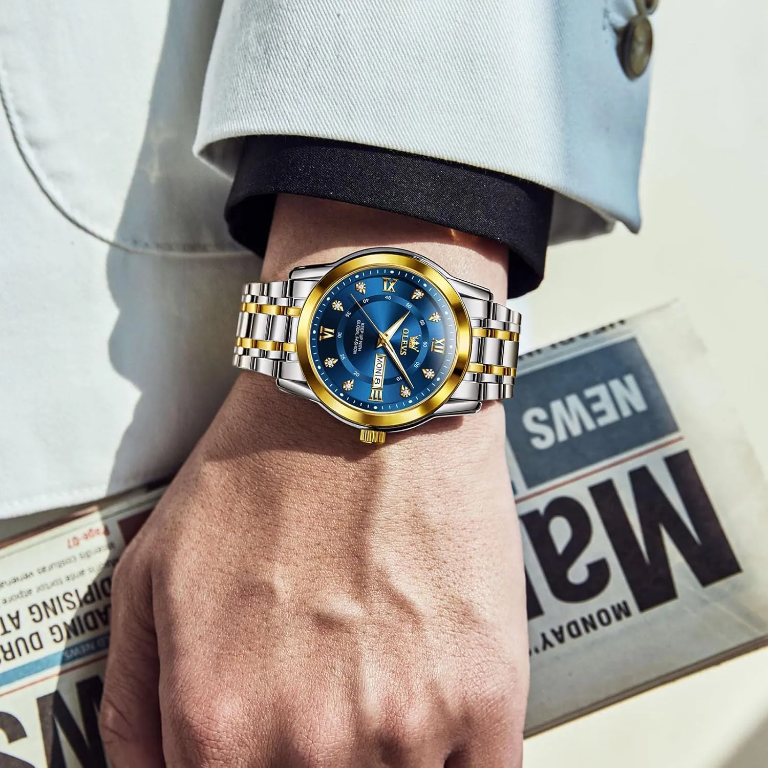 Watch with Day and Date, Blue/Black/Silver/Gold/Grey Dial OLEVS Stainless Steel Classic Watches, Large Face Quartz Dress Watches for Men, Easy stripe seduce truth to Read Men's Waterproof 