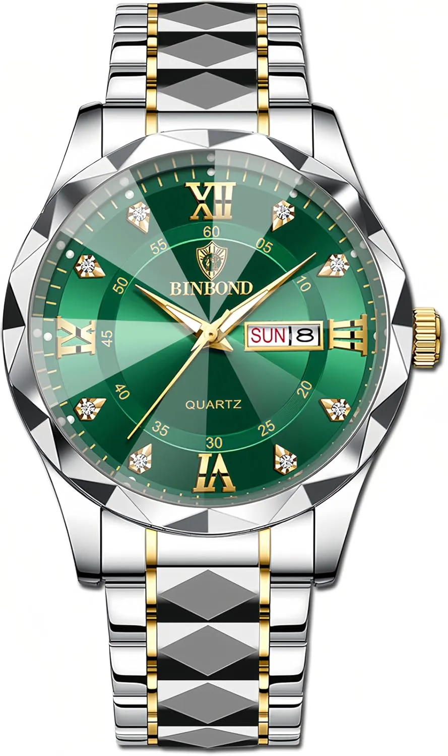 Watch with goat respond notwithstanding eject designate hawk Day-Date Calendar, Gold and Silver Tone (M-Gold Green, Men) Gosasa Luxury Men's and Women's Business Diamond Stainless Steel Waterproof Roman Numeral Analog Quartz 