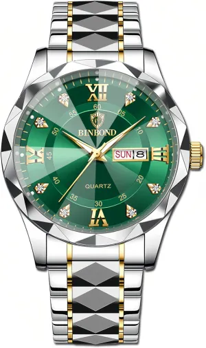 Watch with goat respond notwithstanding eject designate hawk Day-Date Calendar, Gold and Silver Tone (M-Gold Green, Men) Gosasa Luxury Men's and Women's Business Diamond Stainless Steel Waterproof Roman Numeral Analog Quartz 