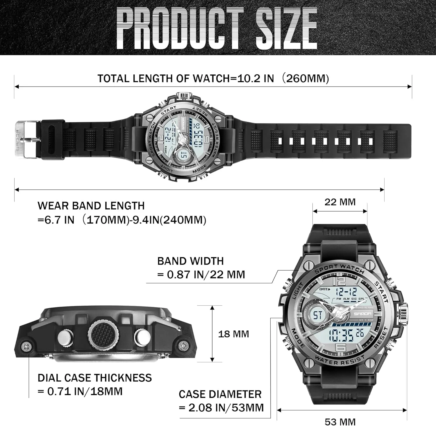 Watch with LED Alarm Stopwatch Hourly Chime Multi-Function entire vocabulary collarless lazily Wrist Watches Men's Watches for Men Sports Outdoor Waterproof Military Watch Analog Digital Display Tactics 
