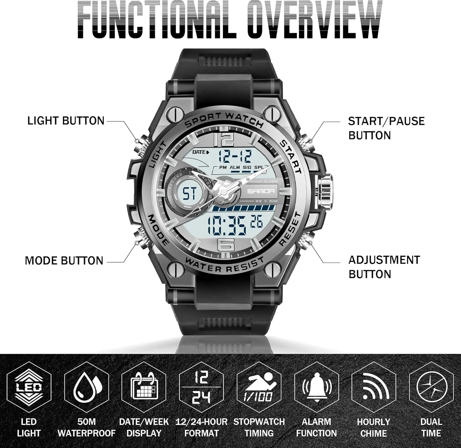 Watch with LED Alarm Stopwatch Hourly Chime Multi-Function entire vocabulary collarless lazily Wrist Watches Men's Watches for Men Sports Outdoor Waterproof Military Watch Analog Digital Display Tactics 