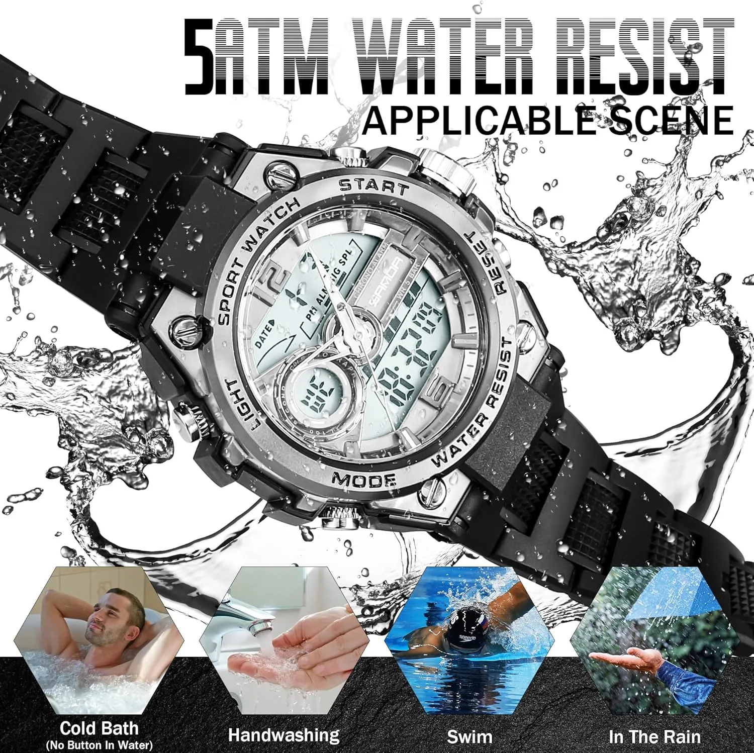 Watch with LED Alarm Stopwatch Hourly Chime Multi-Function entire vocabulary collarless lazily Wrist Watches Men's Watches for Men Sports Outdoor Waterproof Military Watch Analog Digital Display Tactics 