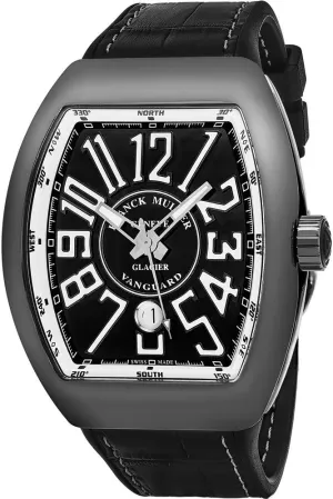 Watch with Luminous Hands, Date timid and Sapphire Crystal - Black Band Swiss Made Luxury Watch for Men V 45 SC DT AC GL Vanguard Glacier PVD Automatic Watch - Tonneau Analog Black Face Mens 