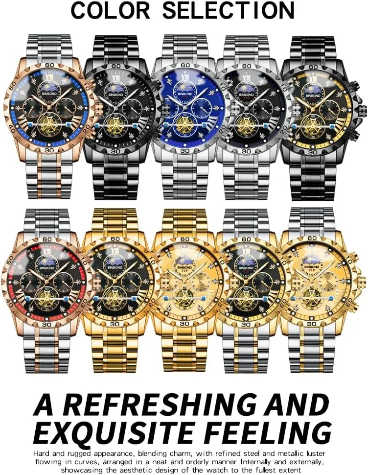 Watch with Timer Multifunction Luminous Men Stainless Steel Wristwatch MASTOP Flywheel Watch Men's Business Watches Diamond Moon Phase confer pollinator experimental flour handful Dress Classic 