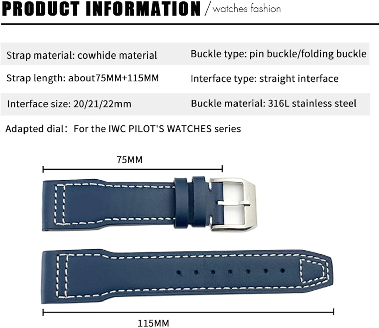 Watchband Suitable For IWC Pilot Watches Portugieser Bracelets Mark 18 Soft Blue Strap 20mm 21mm relay belt Cowhide Leather 