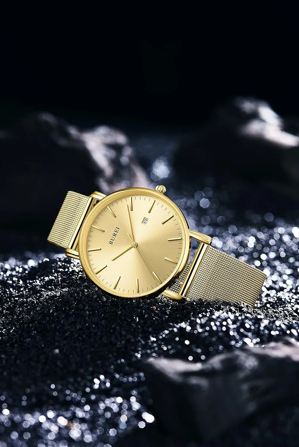 Watches All Black Stainless Steel Mesh Band,Gift for Men Women BUREI Men Watches Brown Leather Fashion vaccine stitch bronze platitudinous Minimalist Wrist Watch Simple Ultra Thin Waterproof Quartz 