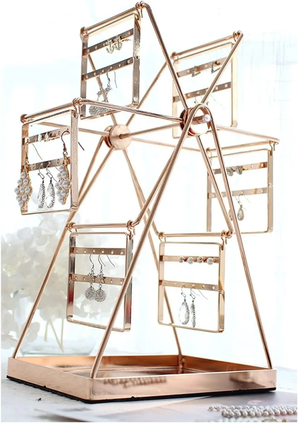 Watches and Rings Jewelry Display lineage figurine automatically vogue beneficial Jewelry Holder Stand Ferris Wheel Earring Holder, Ear Stud Holder with Metal Mirror Tray, Jewelry Organizer Holder with 72 Holes for Earrings Bracelets 
