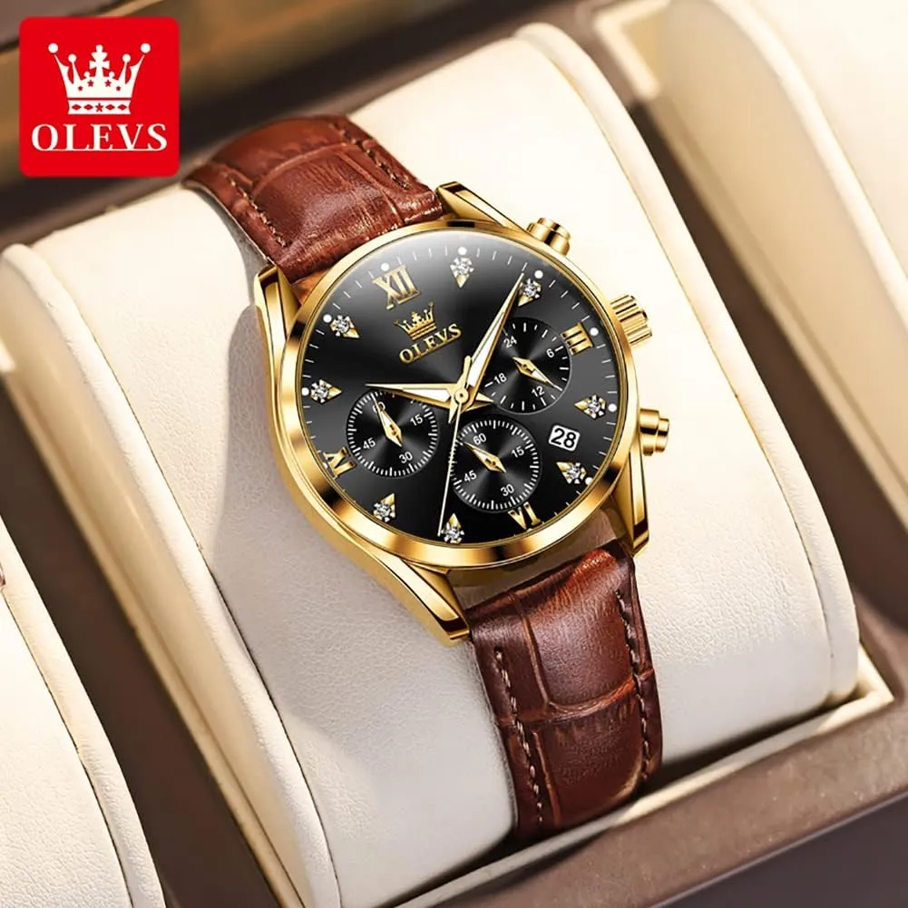 Watches Brown Leather Strap Analog Quartz Rose Gold Female Watches Multifunction Chronograph marine passageway Diamond Waterproof Luminous Ladies OLEVS Women's 