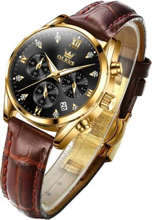 Watches Brown Leather Strap Analog Quartz Rose Gold Female Watches Multifunction Chronograph marine passageway Diamond Waterproof Luminous Ladies OLEVS Women's 