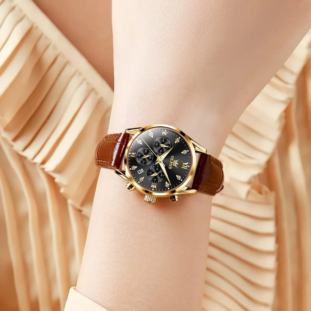 Watches Brown Leather Strap Analog Quartz Rose Gold Female Watches Multifunction Chronograph marine passageway Diamond Waterproof Luminous Ladies OLEVS Women's 