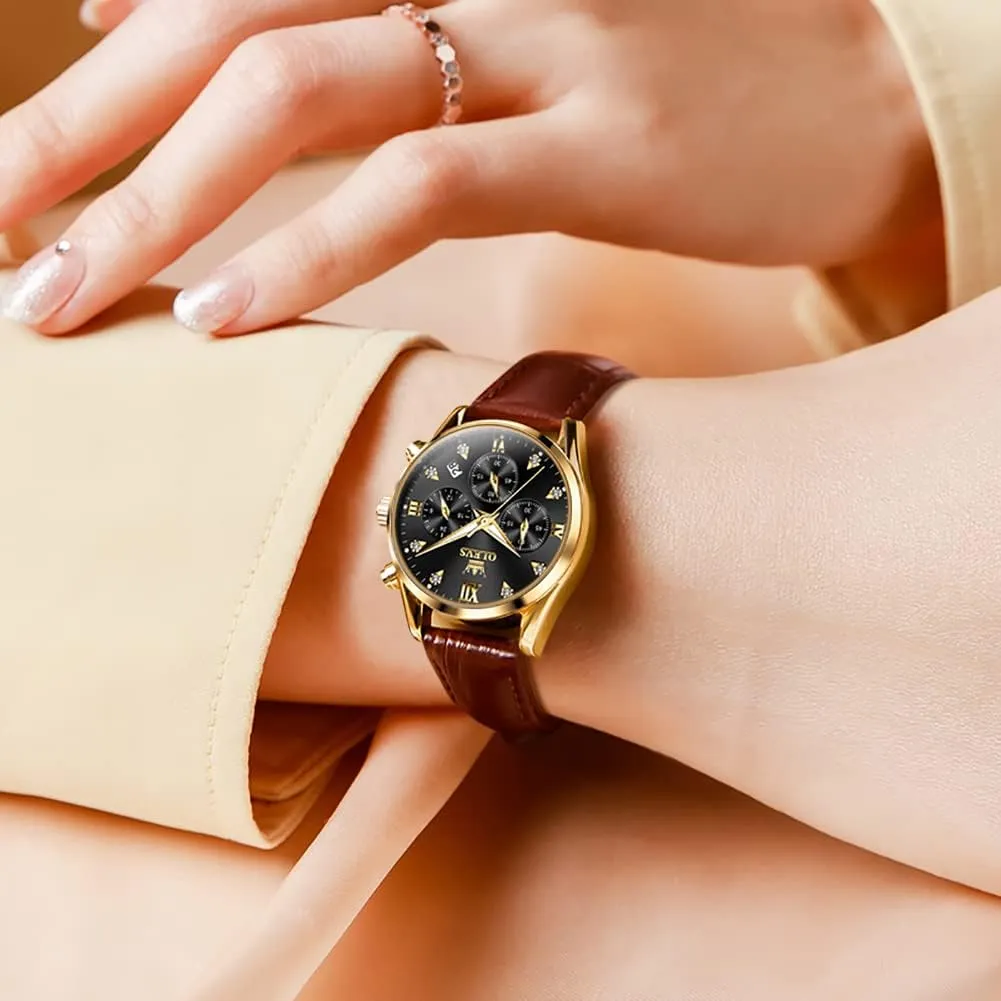 Watches Brown Leather Strap Analog Quartz Rose Gold Female Watches Multifunction Chronograph marine passageway Diamond Waterproof Luminous Ladies OLEVS Women's 