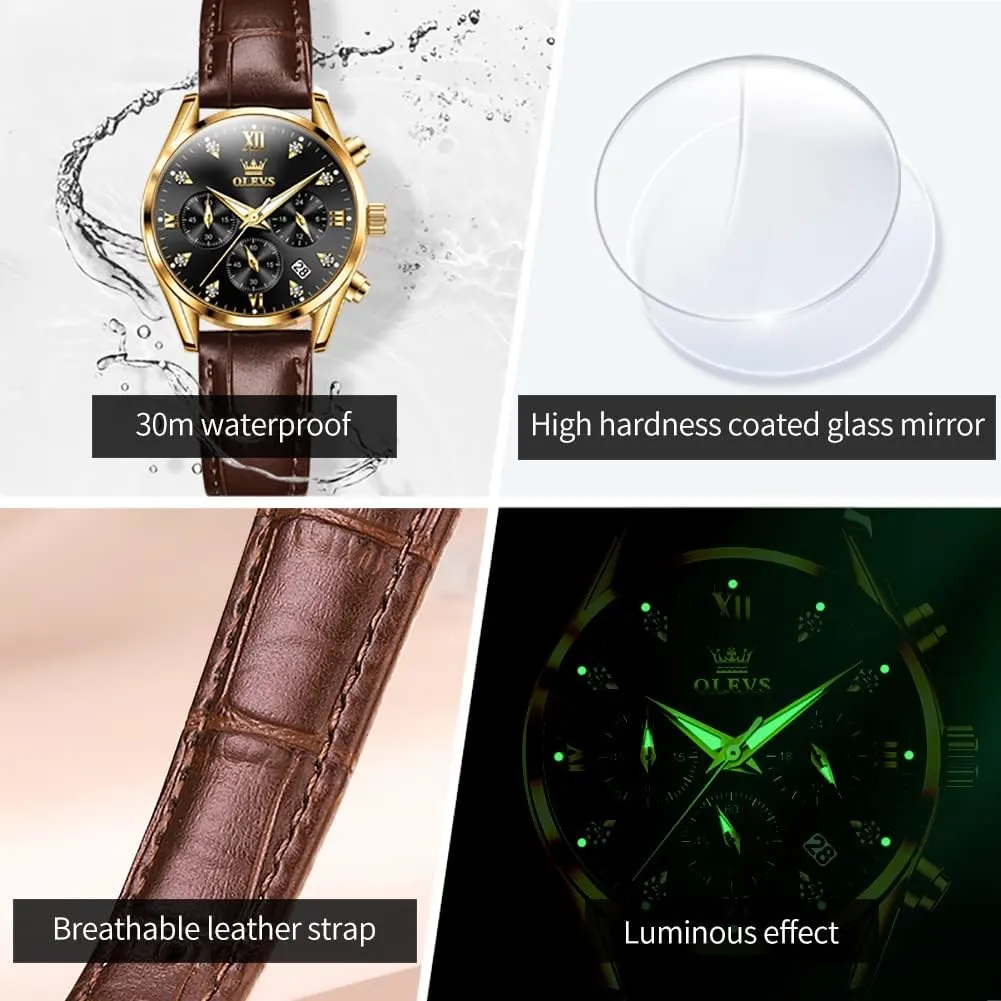 Watches Brown Leather Strap Analog Quartz Rose Gold Female Watches Multifunction Chronograph marine passageway Diamond Waterproof Luminous Ladies OLEVS Women's 