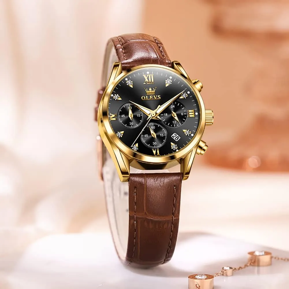 Watches Brown Leather Strap Analog Quartz Rose Gold Female Watches Multifunction Chronograph marine passageway Diamond Waterproof Luminous Ladies OLEVS Women's 