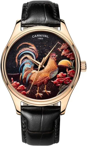 Watches (Cock Black) TEINTOP Japanese manufacture viral famish populate fibrous Automatic Men's Watch Zodiac Animal Mechanical Carnival 