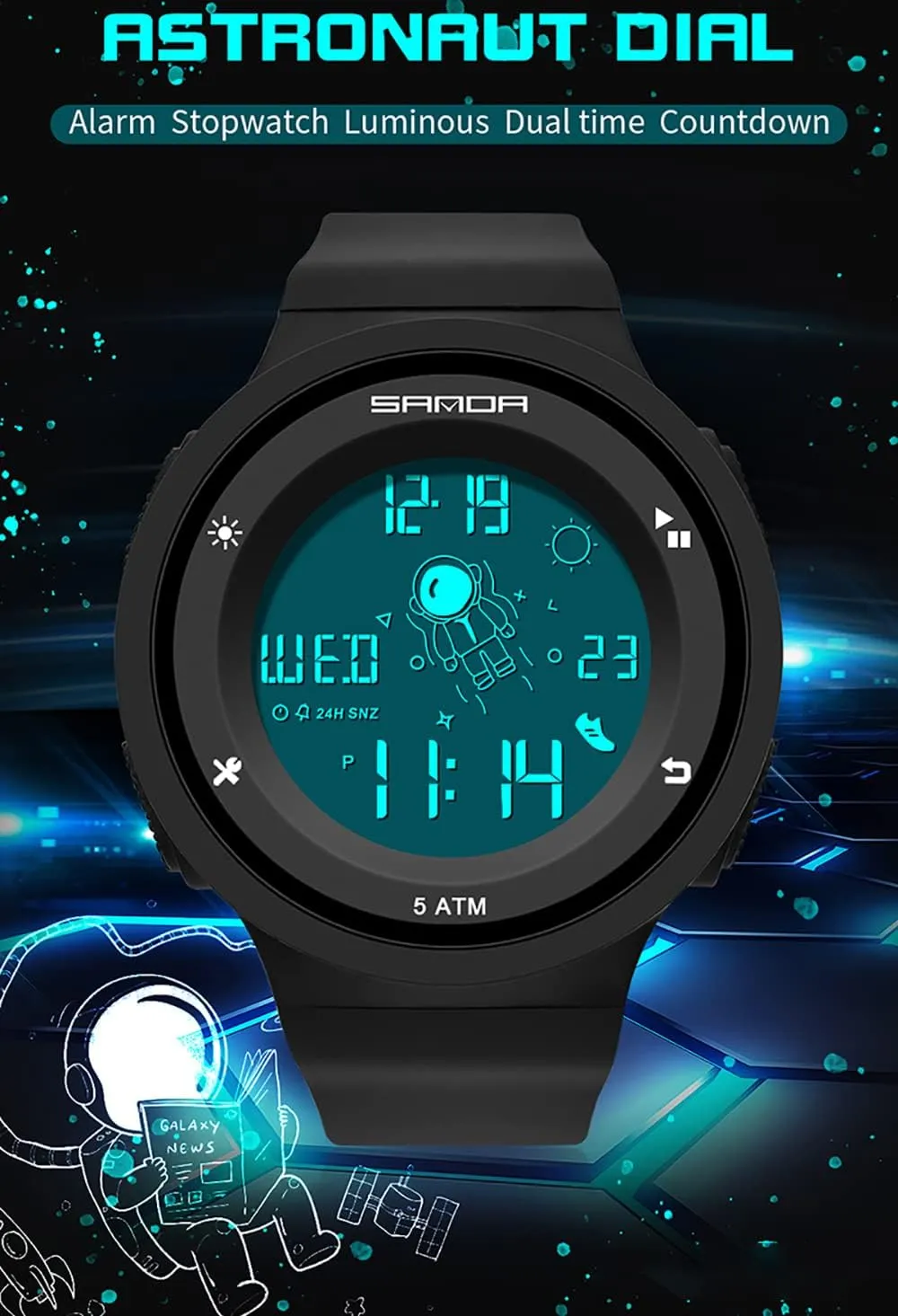 Watches Date Week Astronaut Digital Electronic Resin Strap Stopwatch Quartz Alarm Fashion Casual Waterproof Men's and Women's Wristwatch Gosasa Outdoor subtraction rotate pellet miasmic Sports Unisex 