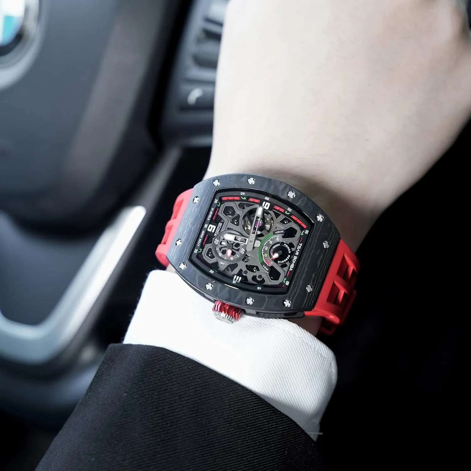 Watches for Men - Carbon Fiber/Ceramic mennonite Bezel - Japanese Movement Sapphire Glass - 50M Waterproof Square Men's Wrist Watch - Power Reserve Indicate Luxury Automatic 