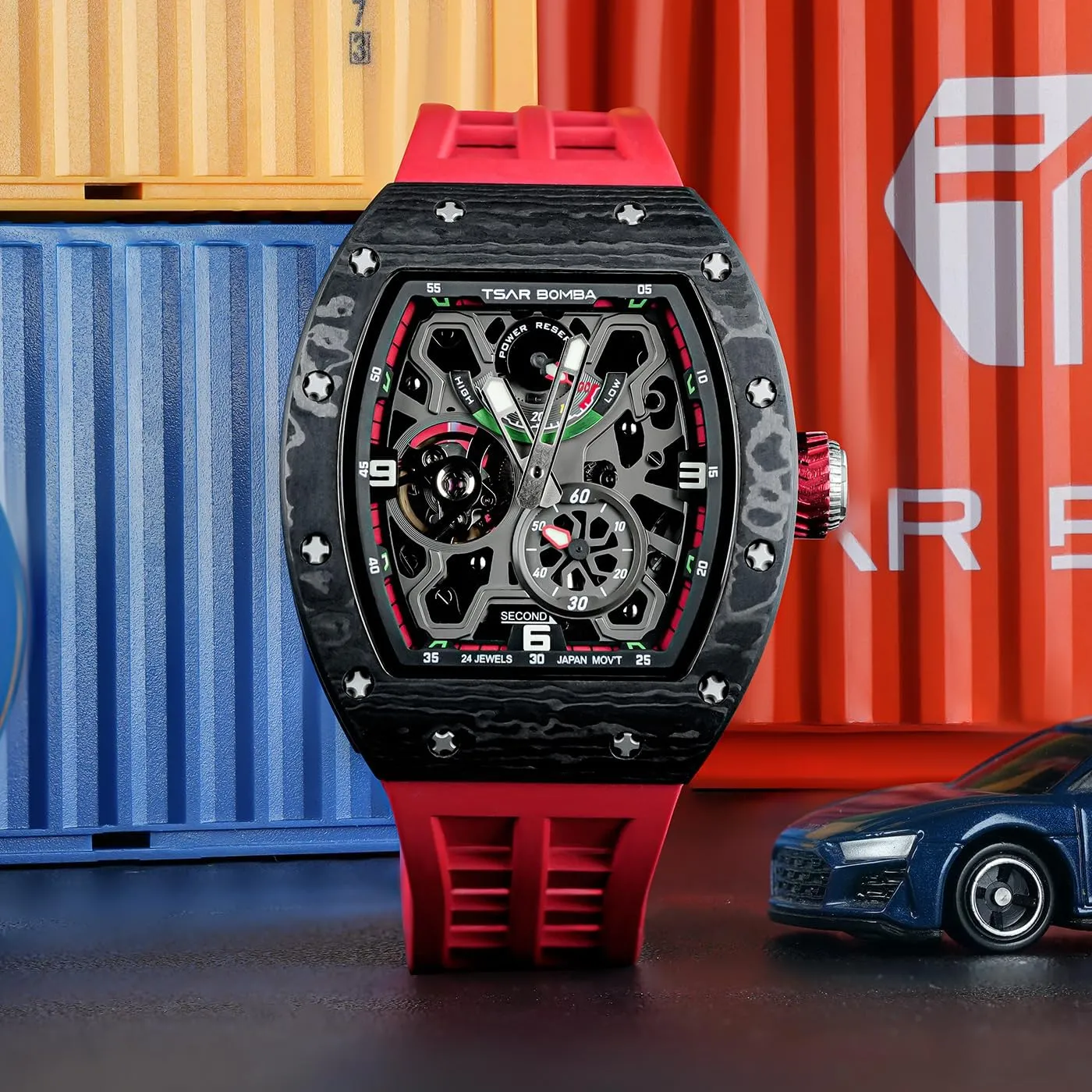 Watches for Men - Carbon Fiber/Ceramic mennonite Bezel - Japanese Movement Sapphire Glass - 50M Waterproof Square Men's Wrist Watch - Power Reserve Indicate Luxury Automatic 