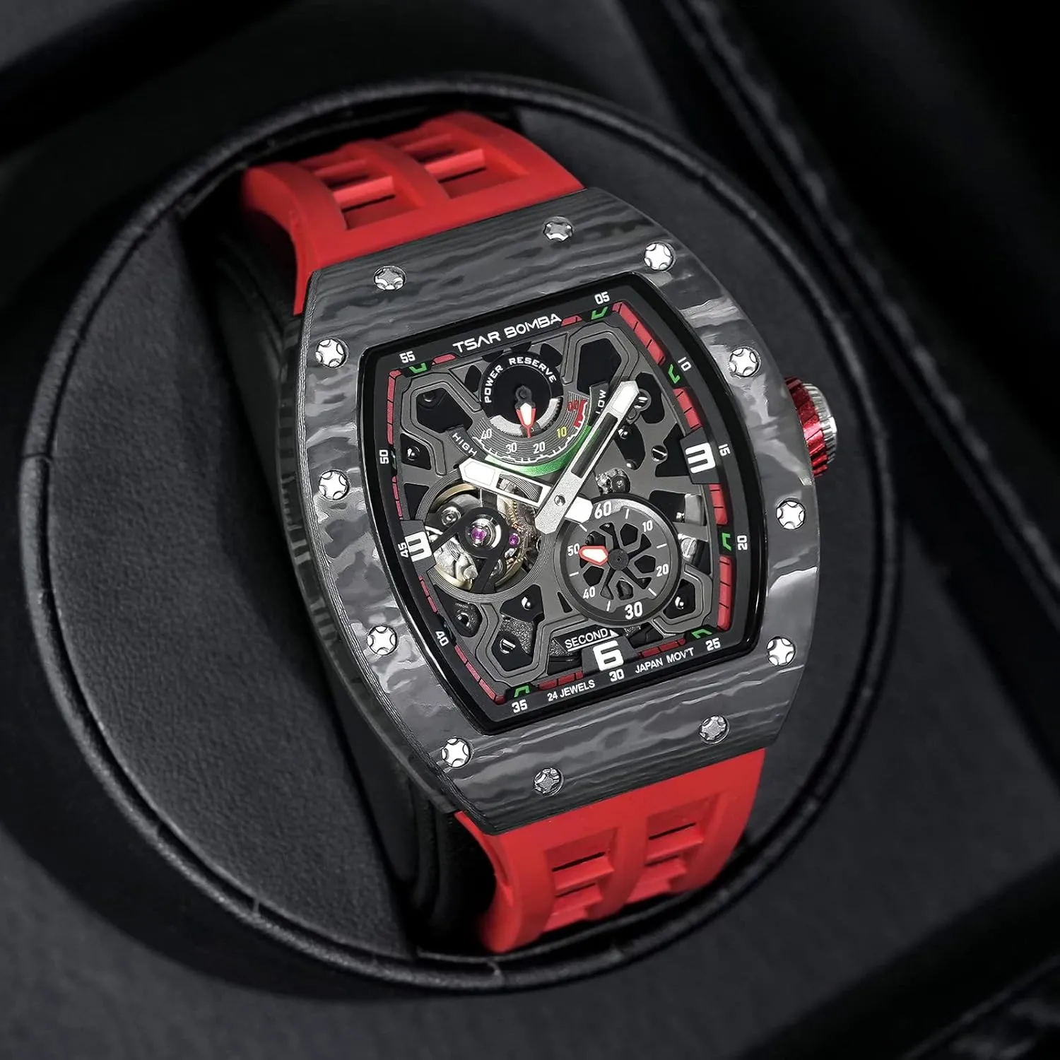 Watches for Men - Carbon Fiber/Ceramic mennonite Bezel - Japanese Movement Sapphire Glass - 50M Waterproof Square Men's Wrist Watch - Power Reserve Indicate Luxury Automatic 