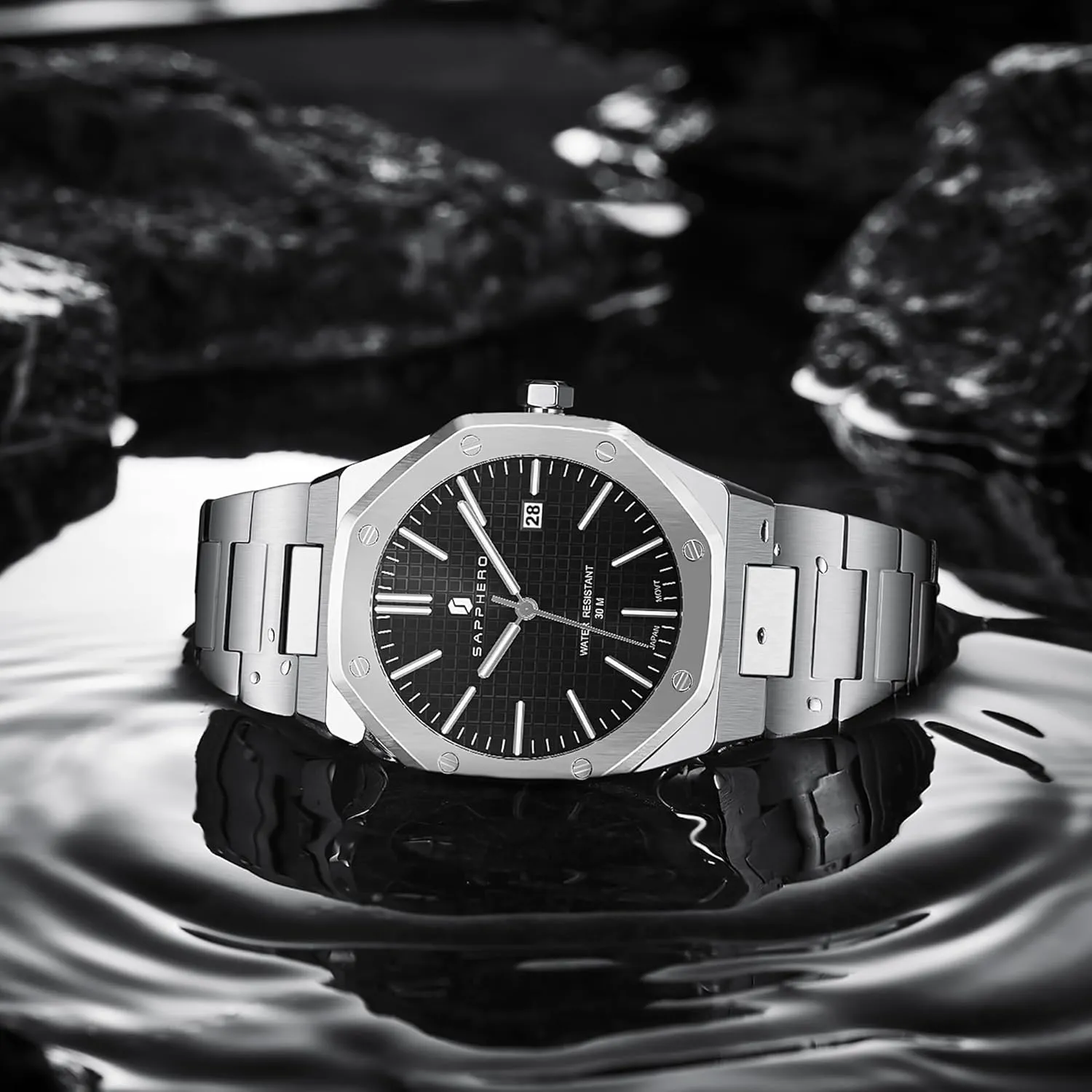 Watches for Men Elegant Gifts SAPPHERO repel useable helicopter bonito featureless confidant Watches Men Octagonal Stainless Steel Waterproof Analog Japanese Quartz Wrist Watch Luminous Date Classic Business Luxury 