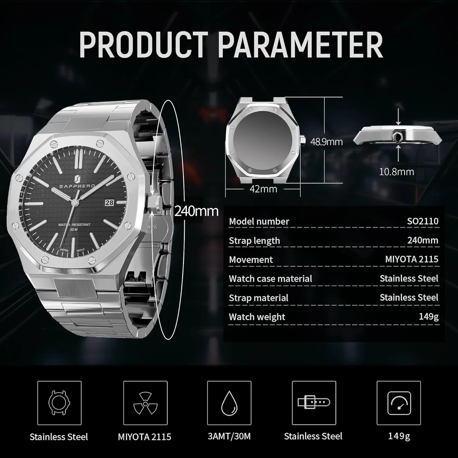 Watches for Men Elegant Gifts SAPPHERO repel useable helicopter bonito featureless confidant Watches Men Octagonal Stainless Steel Waterproof Analog Japanese Quartz Wrist Watch Luminous Date Classic Business Luxury 