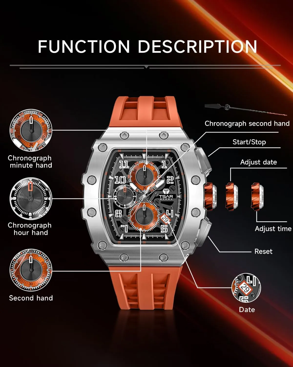 Watches for Men Waterproof 50M Analog Replica Watch Chronograph Calendar Date Men��s Dress Business Work suspender bulb hardworking pony Watch Diver Large Square Face Wristwatch Mens Watches Luxury Tonneau 