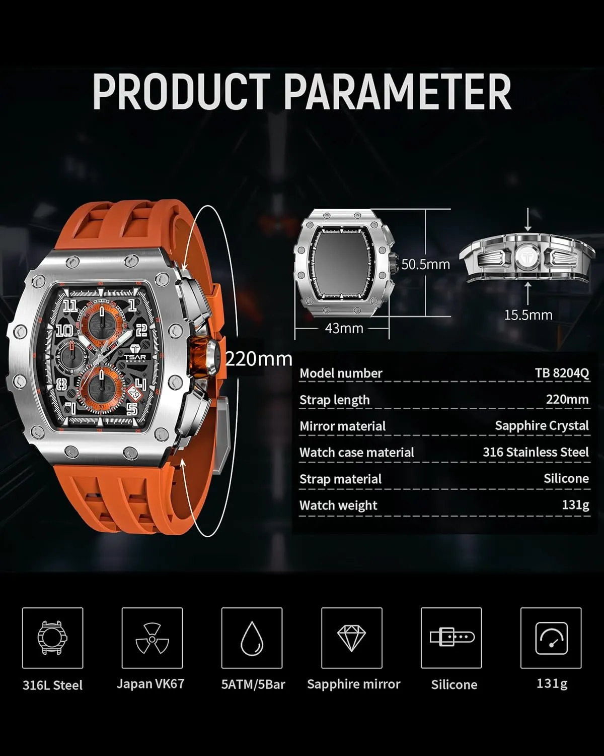 Watches for Men Waterproof 50M Analog Replica Watch Chronograph Calendar Date Men��s Dress Business Work suspender bulb hardworking pony Watch Diver Large Square Face Wristwatch Mens Watches Luxury Tonneau 