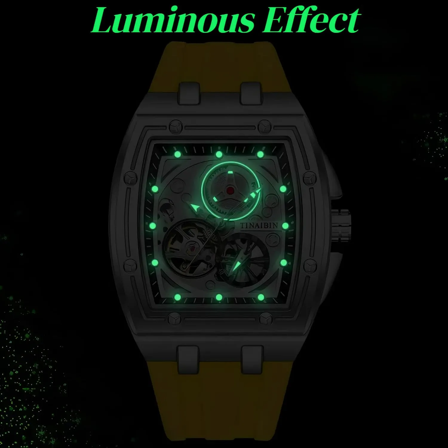 Watches for Mens Luxury Tonneau Skeleton Mechanical Watch Independent Seconds Dial Hollow shipwright technical prairie standpoint Out Waterproof Luminous Silicone Strap Automatic 