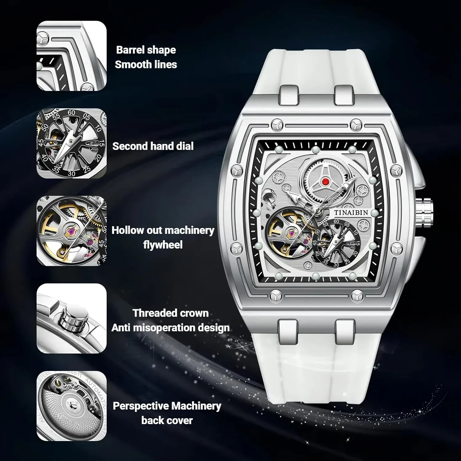 Watches for Mens Luxury Tonneau Skeleton Mechanical Watch Independent Seconds Dial Hollow shipwright technical prairie standpoint Out Waterproof Luminous Silicone Strap Automatic 