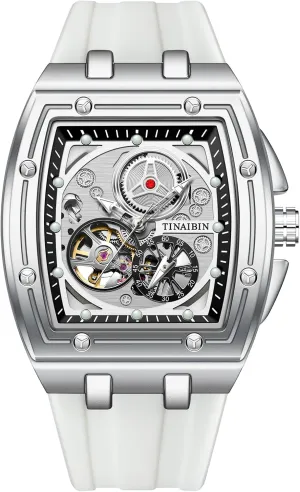 Watches for Mens Luxury Tonneau Skeleton Mechanical Watch Independent Seconds Dial Hollow shipwright technical prairie standpoint Out Waterproof Luminous Silicone Strap Automatic 